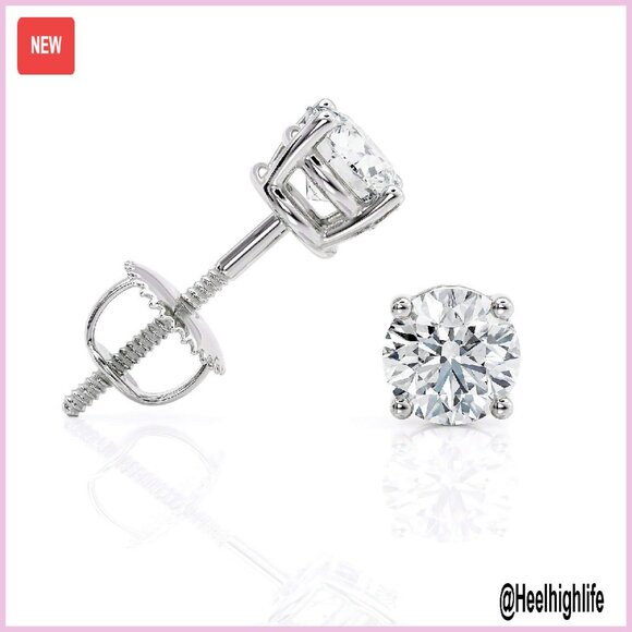 1 Carat Lab Grown Diamond Stud Earrings 14k White Gold Screw Back